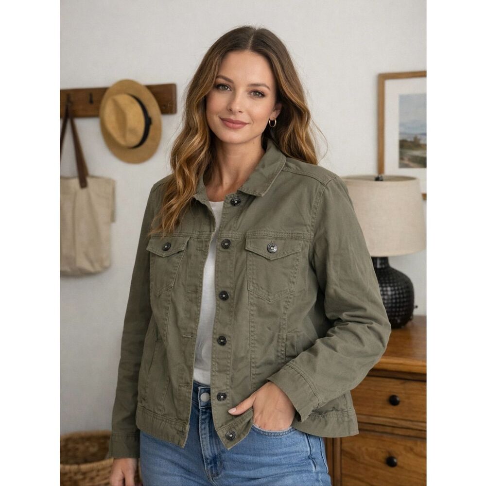 Bonita Women’s Olive Green Utility Jacket Buttoned Layering Sz 44 EU/ L US*Notes